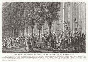 Camille Desmoulins emite seu chamado às armas do lado de fora do Palais Royal, Paris, Revolução Francesa, 12 de julho de 1789
